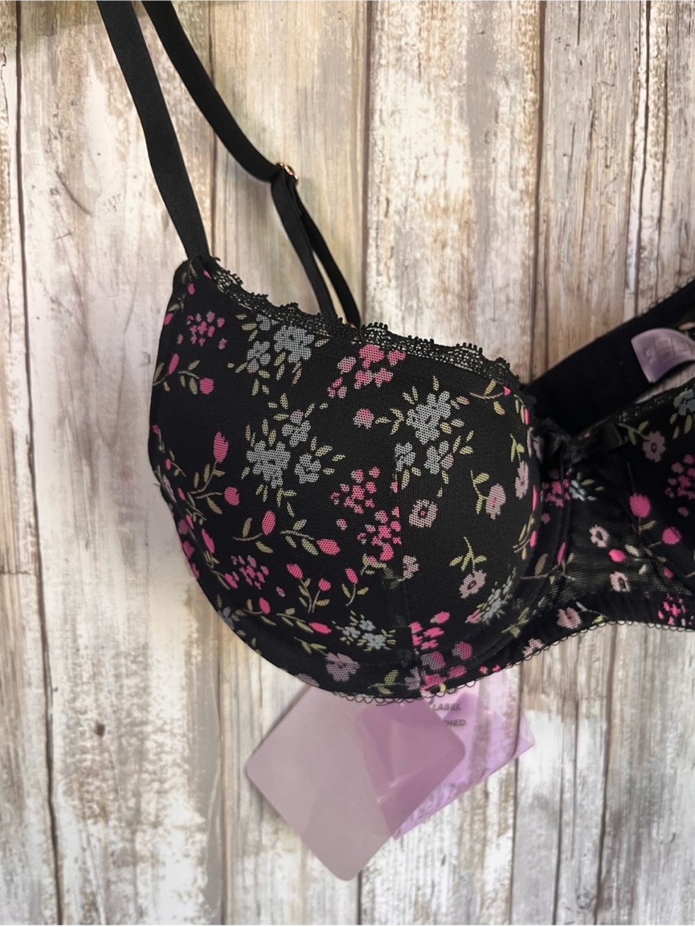 NWT Savage X Fenty Floral Mesh Underwire Bra Black Pink - Picture 2 of 4
